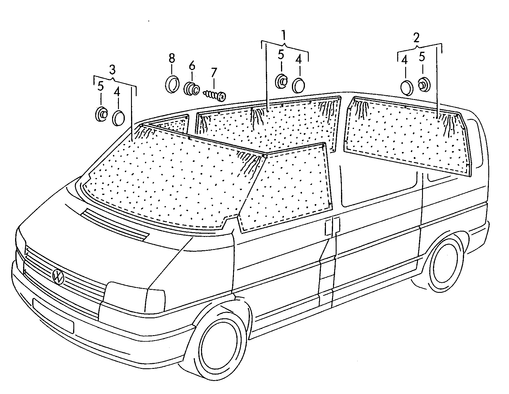 Схема ЕТКА Volkswagen Шторки на окна (Кузов) для Volkswagen Caravelle/Eurovan  1998 (Бразилия)