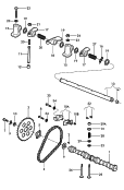 Вал распределительный; Клапан; Цепь ГРМ; Шкив зубчатого ремня; Рычаг клапана; Ось коромысла клапана; Натяжное устройство цепи