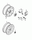 Алюминиевый диск; Колпак колеса; Колёсный болт; Колпачок болта крепл. колеса; см. панель иллюстраций: